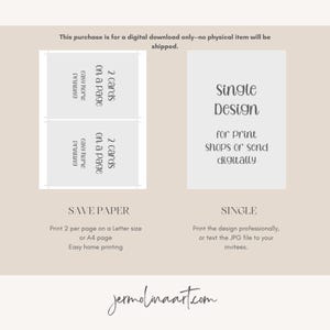 Puede incluir: Una descarga digital para tarjetas imprimibles. El dise&ntilde;o es para una sola tarjeta o dos tarjetas por p&aacute;gina. El texto dice "Save Paper" y "Single Design".