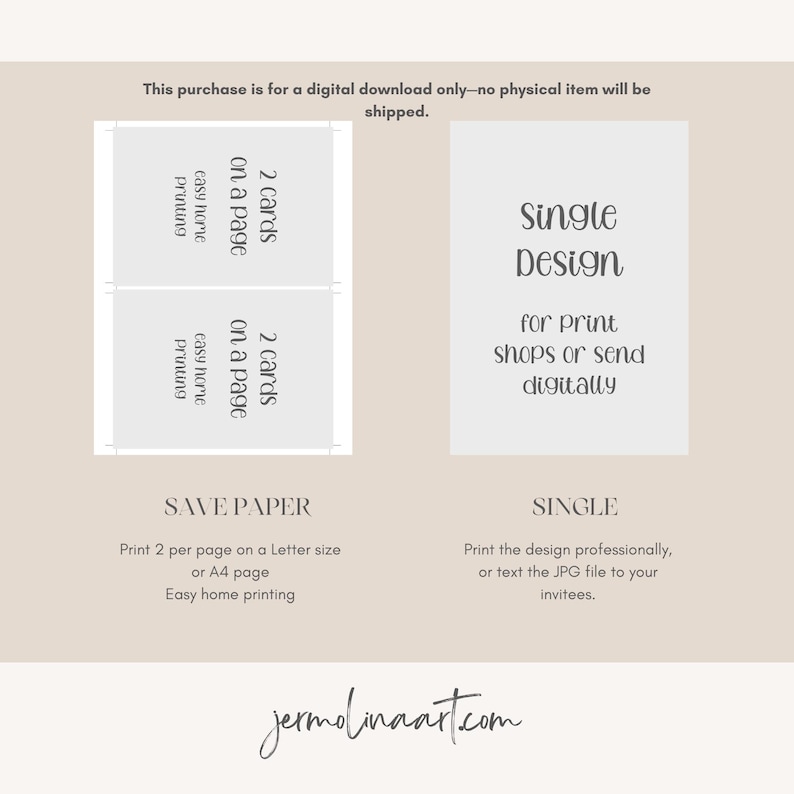 Puede incluir: Una descarga digital para tarjetas imprimibles. El dise&ntilde;o es para una sola tarjeta o dos tarjetas por p&aacute;gina. El texto dice "Save Paper" y "Single Design".