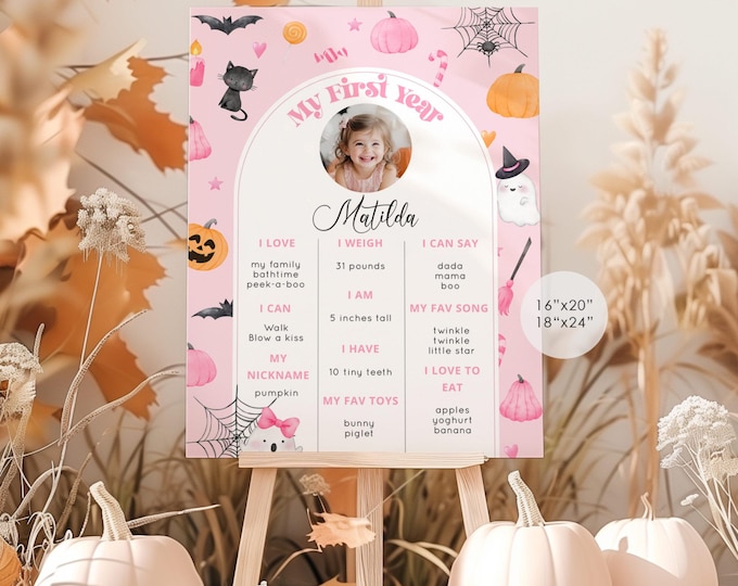 Spooky One Photo Milestone Birthday board template. Editable Cute Little Boo First Birthday Milestone poster template #hl2