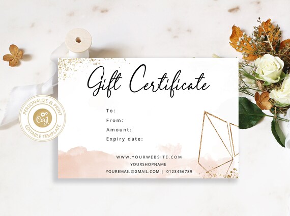 Editable Gift Certificate Template blush pink and gold | Etsy