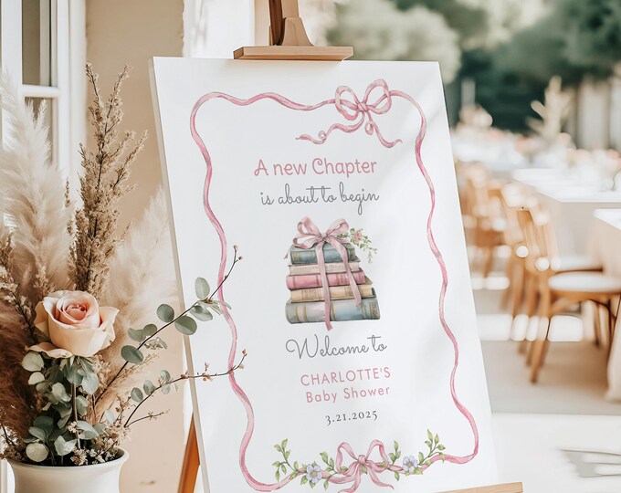 New Chapter Bow Baby shower Welcome sign, Pink Bow Storybook Baby girl Shower Welcome sign, Editable New Chapter Welcome sign template #bl1