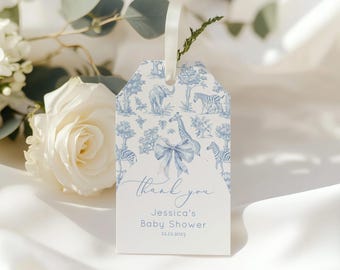 Toile de Jouy Safari Animals Blue Thank You Tag Template (Editable Corjl Download)  #toi1
