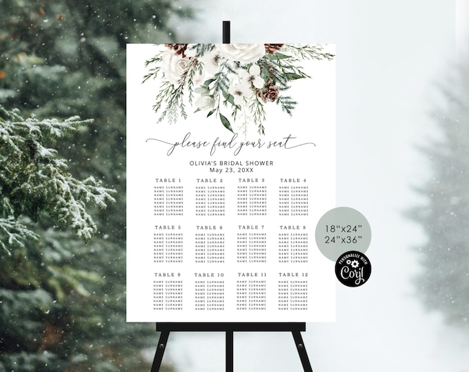 Winter seating chart template. Editable evergreen seating chart sign. Winter wedding find your seat sign. Corjl Printable #ev1