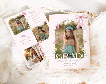 Pink Bow Graduation party invitation template | Elegant Wildflower Photo Collage editable Corjl #grad
