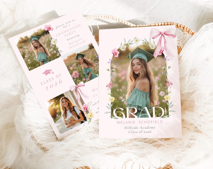Pink Bow Graduation party invitation template | Elegant Wildflower Photo Collage editable Corjl #grad