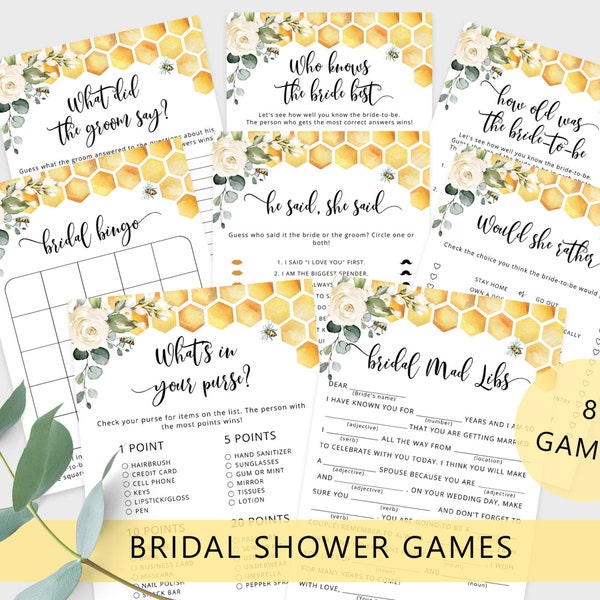 Bee Bridal Shower Games Bundle, Honey Wedding Shower Games. Bachelorette Party Games, Printable Hen's Party Games Instant Download #bee3