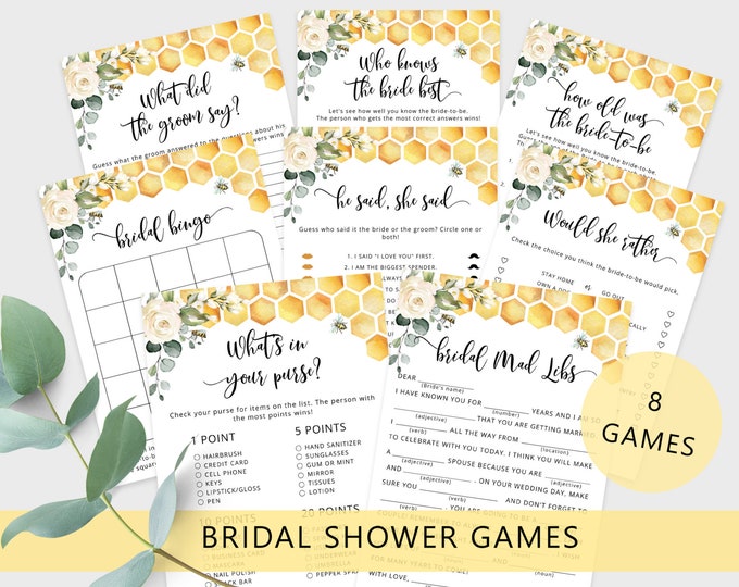 Bee Bridal Shower Games Bundle, Honey Wedding Shower Games. Bachelorette Party Games, Printable Hen's Party Games Instant Download #bee3