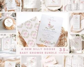 New Silly Goose Pink Bow Baby Shower bundle, Whimsical Floral Corjl Editable template #sg3