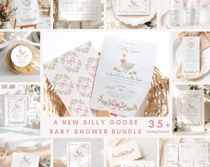 New Silly Goose Pink Bow Baby Shower bundle, Whimsical Floral Corjl Editable template #sg3