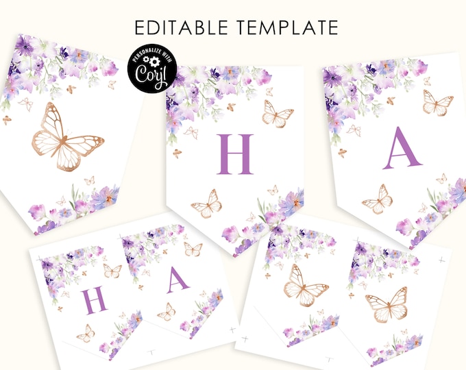 Editable butterfly banner. Purple butterfly party banner. Lilac floral butterfly baby shower decoration.  Corjl template #06