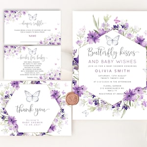Plantilla de invitación de Baby Shower de plata mariposa. Paquete de invitación al baby shower mariposa púrpura. Besos de mariposa y deseos de bebé #06