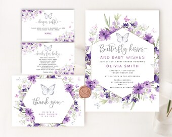 Butterfly silver Baby Shower Invitation template. Purple butterfly baby shower invitation bundle. Butterfly kisses and baby wishes #06