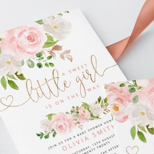 Blush Pink Baby Shower Invitation template.  Pink gold Baby girl Shower Invitation. It&#39;s a Girl baby Shower Invitation . Corjl #fl1