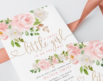 Blush Pink Baby Shower Invitation template.  Pink gold Baby girl Shower Invitation. It's a Girl baby Shower Invitation . Corjl #fl1