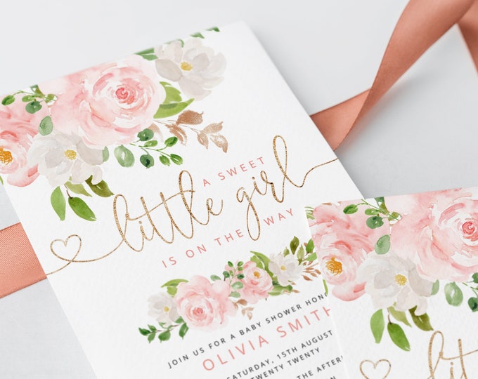 Blush Pink Baby Shower Invitation template.  Pink gold Baby girl Shower Invitation. It's a Girl baby Shower Invitation . Corjl #fl1