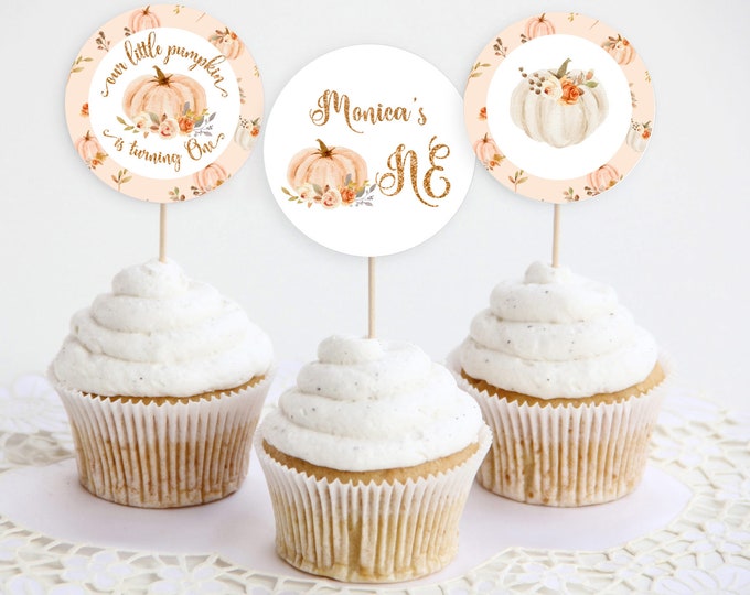 Pumpkin Cupcake Toppers. Pastel pumpkin girl birthday cupcake toppers. Pumpkin 1st birthday cupcake toppers #p4