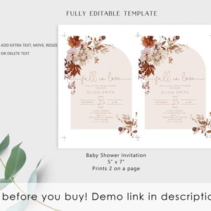 May include: Editable template for a baby shower invitation with a fall theme. The invitation features a watercolor illustration of autumn leaves and flowers in shades of brown, orange, and beige. The text "fall in love" is written in a script font and the invitation is for Olivia Smith's baby shower on August 25th at 3pm.
