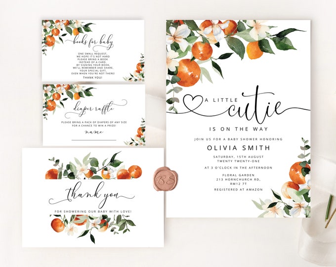 A little cutie is on the way baby shower invitation bundle. Editable Little cutie baby shower invitation. Citrus baby shower #or2