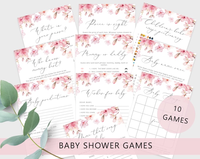 Cherry blossom baby shower games bundle. Sakura blush pink baby shower games. Blush baby shower games #s1