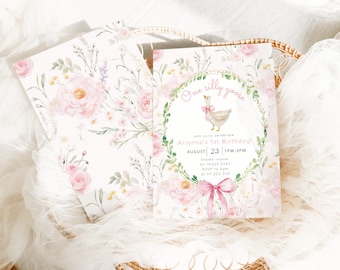 Editable One Silly Goose Girl Birthday invitation, Floral Blush pink One silly Goose 1st Birthday invitation, Pink Bow Goose #sg2
