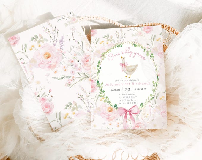 Editable One Silly Goose Girl Birthday invitation, Floral Blush pink One silly Goose 1st Birthday invitation, Pink Bow Goose #sg2