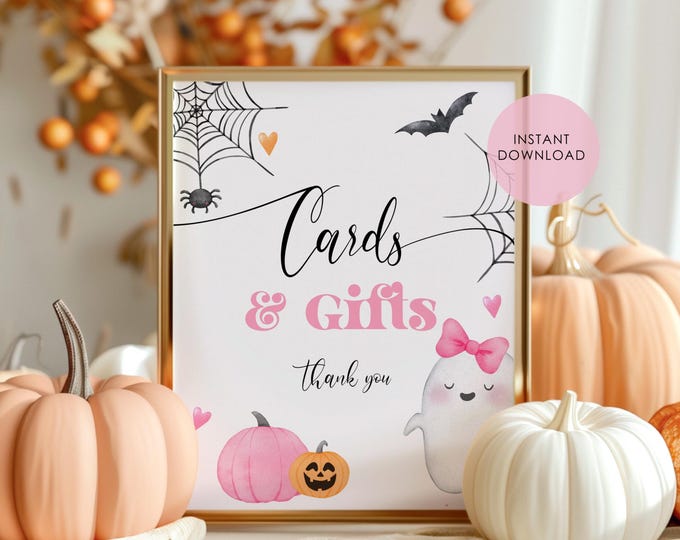Little Boo Cards and Gifts Sign. Pink girl Little Boo baby shower cards and gifts sign. Halloween Cards and gifts sign Instant Download #hl2