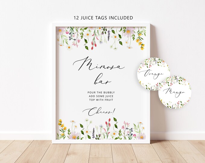 Wildflowers Mimosa Bar Sign, Minimalist Floral Mimosa Bar Printable, Bubbly Bar Sign, boho mimosa bar juice tags #wl3