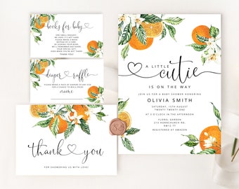 Oranges baby shower invitation bundle. Editable Little cutie baby shower invitation. Citrus gender neutral baby shower #or1