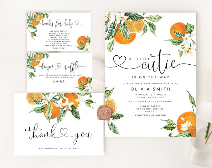 Oranges baby shower invitation bundle. Editable Little cutie baby shower invitation. Citrus gender neutral baby shower #or1