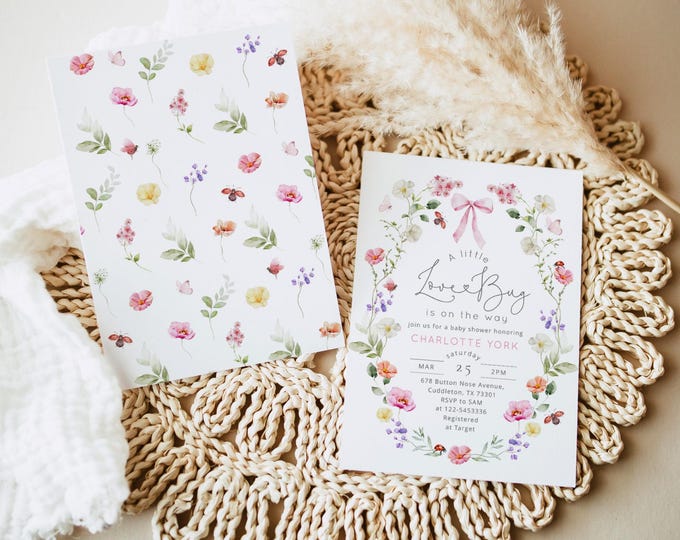 Little Love Bug Baby Shower invitation | Ladybird Wildflower Pink Bow  (Corjl Editable template) #wl7