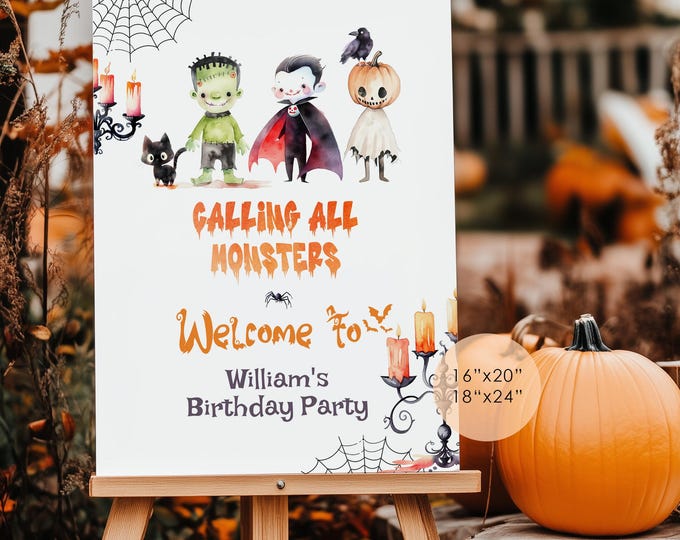 Halloween Costume party welcome sign.  Boy calling all monsters Birthday welcome sign template. Editable Dracula welcome sign template #hp1