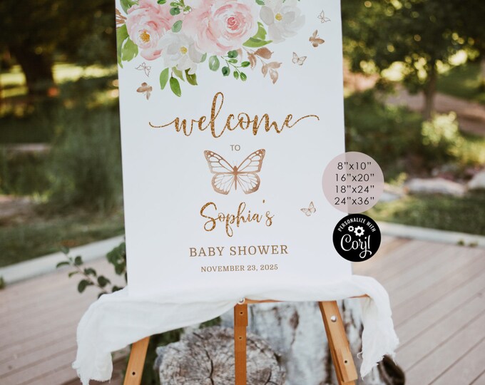 Butterfly baby shower welcome sign.  Editable blush gold baby shower welcome sign template. Butterfly kisses and baby wishes shower #05