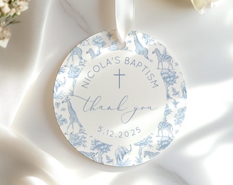 Toile de Jouy Blue Safari Baptism Thank you tag. Baby boy Baptism favor tag Corjl template #toi1