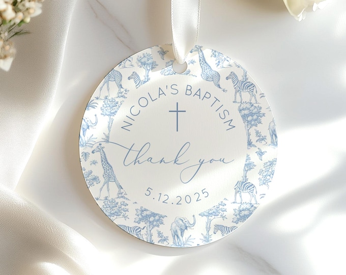 Toile de Jouy Blue Safari Baptism Thank you tag. Baby boy Baptism favor tag Corjl template #toi1