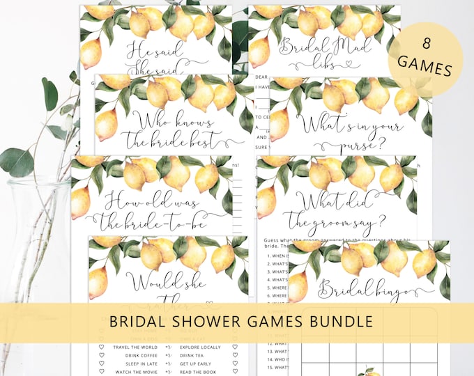 Lemon Bridal Shower Games Bundle, Citrus Wedding Shower Games. Citrus Bachelorette Party Games Instant Download #lm1