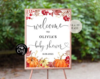 Fall baby shower welcome sign.  Pumpkin welcome sign. Editable Little pumpkin Baby shower template. Corjl Printable. Instant Download. #p1