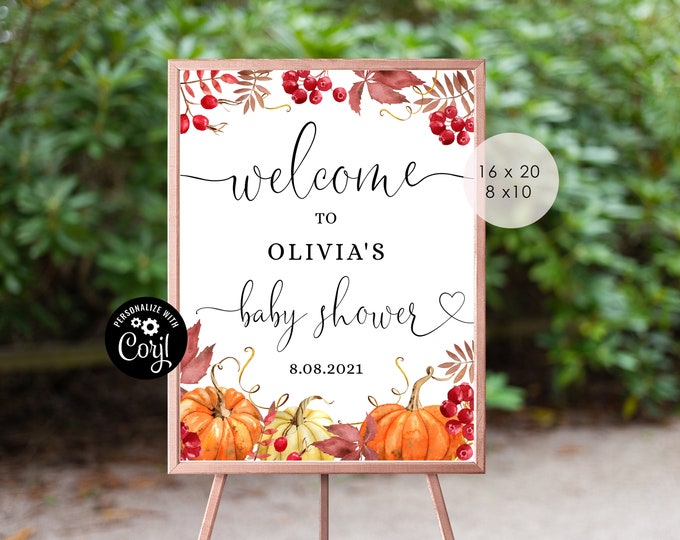 Fall baby shower welcome sign.  Pumpkin welcome sign. Editable Little pumpkin Baby shower template. Corjl Printable. Instant Download. #p1