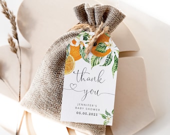Orange favor tag. Editable Orange baby shower Thank You Tag Template. A Little Cutie Baby Shower favor tag or1