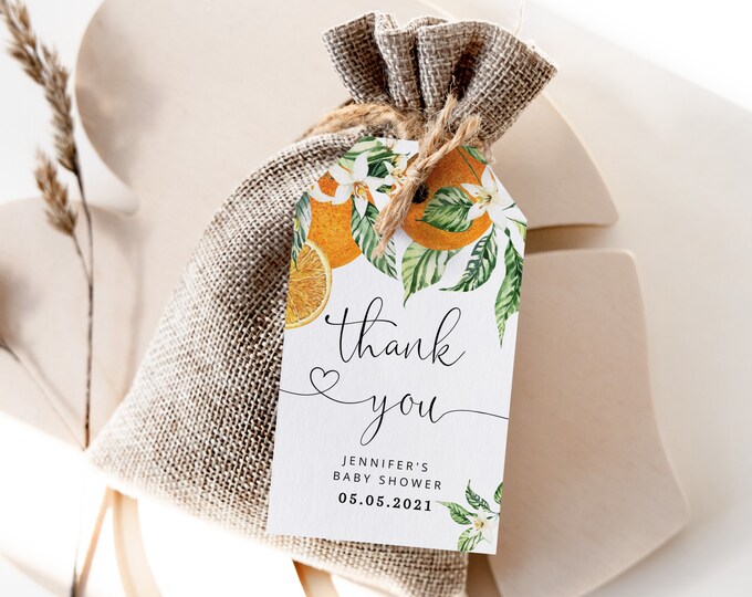 Orange favor tag. Editable Orange baby shower Thank You Tag Template. A Little Cutie Baby Shower favor tag or1