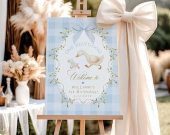 One Silly Goose 1st Birthday Welcome Sign Blue Bow Template (Corjl Editable) #sg5