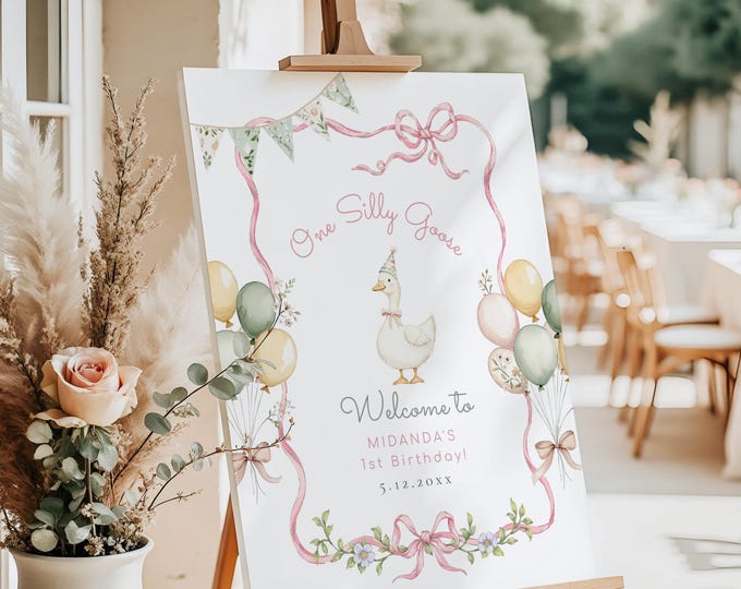 One Silly Goose Welcome sign template, Girl Pink Bow One Silly Goose 1st Birthday Welcome sign, Goose Bow frame Welcome sign Corjl #sg3