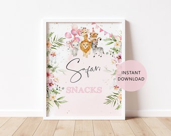 Safari snacks sign. Girl safari animals birthday party table sign. Floral safari zoo party table sign. Instant download #saf2