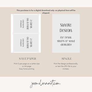 May include: Digital download graphic with two layout options. One option prints two cards per page, the other is a single design. Text includes "Single Design" and "Save Paper" with instructions for printing.