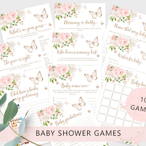 Butterfly baby shower games bundle. Blush gold baby shower games. Blush baby shower games. Butterfly kisses and baby wishes shower #05