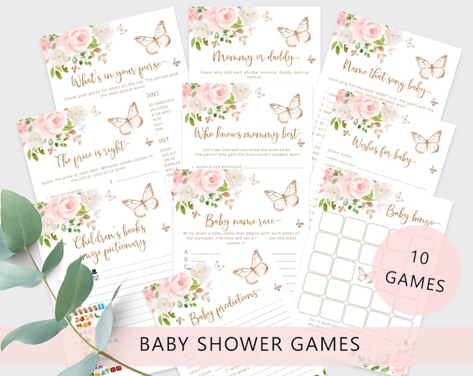 Butterfly baby shower games bundle. Blush gold baby shower games. Blush baby shower games. Butterfly kisses and baby wishes shower #05