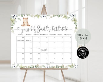 Bear Guess the due Date calendar. Greenery Guess The Baby Birthday Game. We can bearly wait Baby Shower Due Date Prediction #w1
