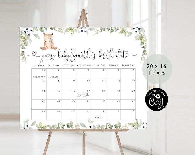 Bear Guess the due Date calendar. Greenery Guess The Baby Birthday Game. We can bearly wait Baby Shower Due Date Prediction #w1