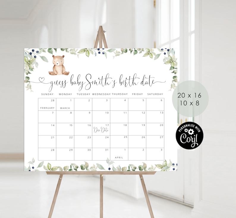 Bear Guess The Due Date Calendar Greenery Guess The Baby Etsy Bear guess the due date calendar greenery guess the baby etsy