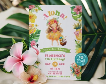 Aloha birthday invitation. Luau birthday invitation. Tropical luau birthday invite Corjl template #al1