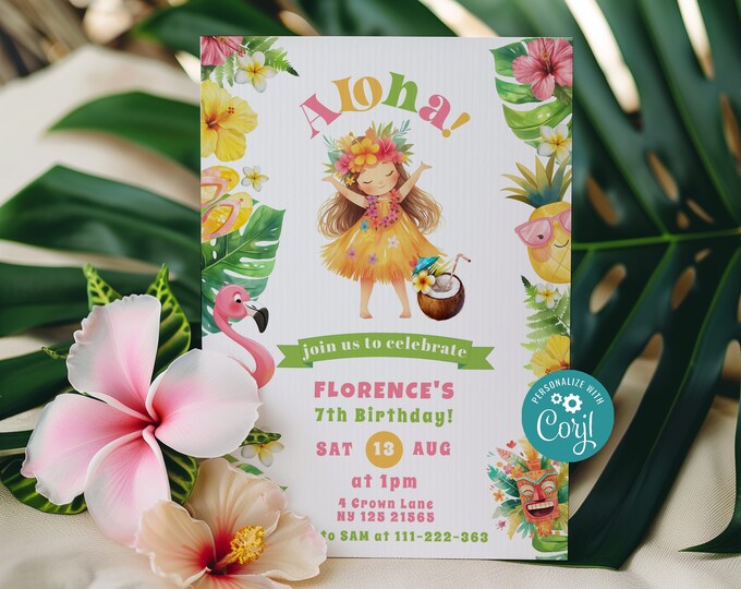 Aloha birthday invitation. Luau birthday invitation. Tropical luau birthday invite Corjl template #al1